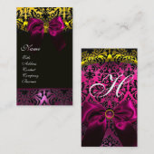 FUCHSIA RIBBON BLACK GOLD YELLOW DAMASK MONOGRAM VISITEKAARTJE (Voorkant / Achterkant)