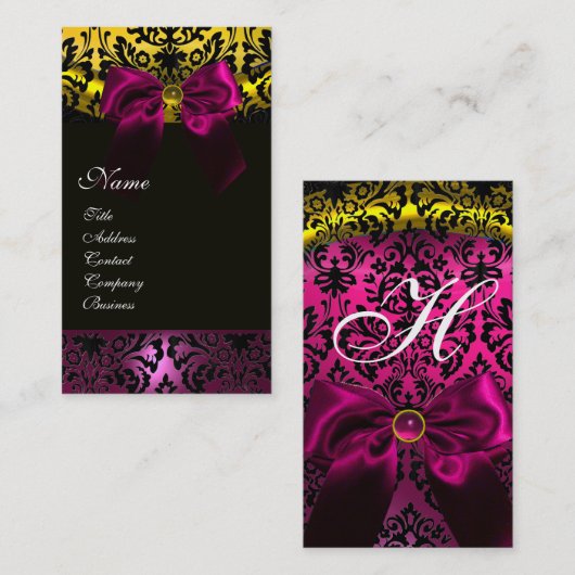 FUCHSIA RIBBON BLACK GOLD YELLOW DAMASK MONOGRAM VISITEKAARTJE (Voorkant / Achterkant)
