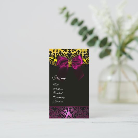 FUCHSIA RIBBON BLACK GOLD YELLOW DAMASK MONOGRAM VISITEKAARTJE (Staand voorkant)