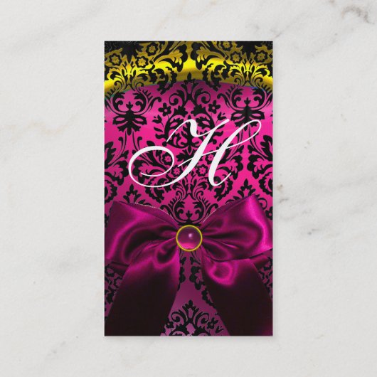 FUCHSIA RIBBON BLACK GOLD YELLOW DAMASK MONOGRAM VISITEKAARTJE (Achterkant)