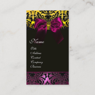 FUCHSIA RIBBON BLACK GOLD YELLOW DAMASK MONOGRAM VISITEKAARTJE