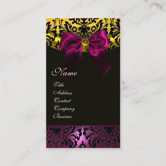 FUCHSIA RIBBON BLACK GOLD YELLOW DAMASK MONOGRAM VISITEKAARTJE (Voorkant)