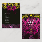 FUCHSIA RIBBON BLACK GOLD YELLOW DAMASK MONOGRAM VISITEKAARTJE (Voorkant / Achterkant)