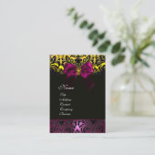 FUCHSIA RIBBON BLACK GOLD YELLOW DAMASK MONOGRAM VISITEKAARTJE (Staand voorkant)