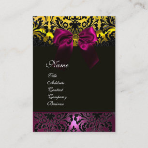 FUCHSIA RIBBON BLACK GOLD YELLOW DAMASK MONOGRAM VISITEKAARTJE