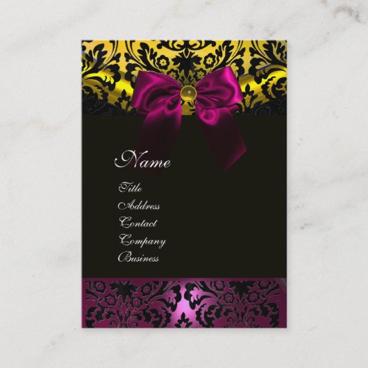 FUCHSIA RIBBON BLACK GOLD YELLOW DAMASK MONOGRAM VISITEKAARTJE (Voorkant)