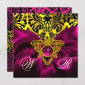 FUCHSIA RIBBON GOLD CELTIC HEART DAMASK MONOGRAM KAART (Voorkant / Achterkant)