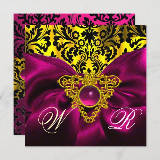 FUCHSIA RIBBON GOLD CELTIC HEART DAMASK MONOGRAM KAART (Voorkant / Achterkant)