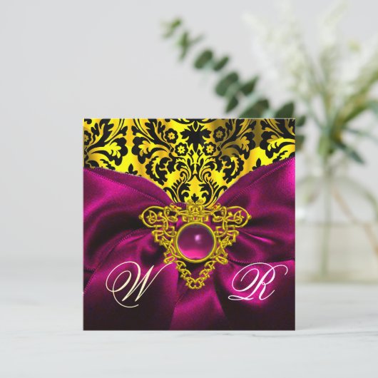 FUCHSIA RIBBON GOLD CELTIC HEART DAMASK MONOGRAM KAART (Staand voorkant)