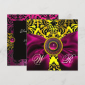 FUCHSIA RIBBON GOLD YELLOW BLACK DAMASK MONOGRAM KAART (Voorkant / Achterkant)