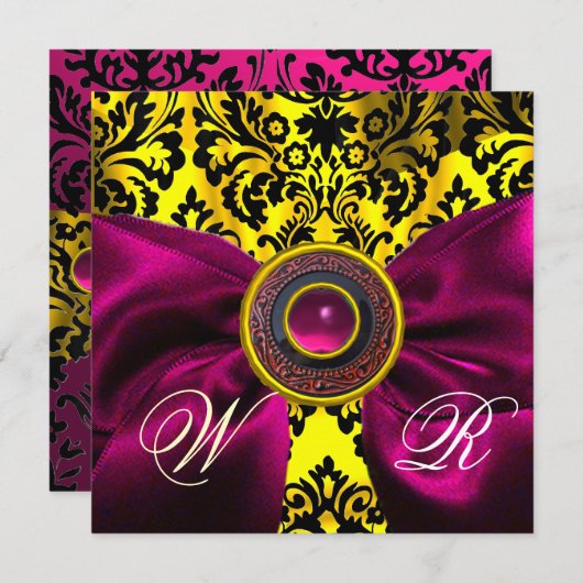 FUCHSIA RIBBON GOLD YELLOW BLACK DAMASK MONOGRAM KAART (Voorkant / Achterkant)