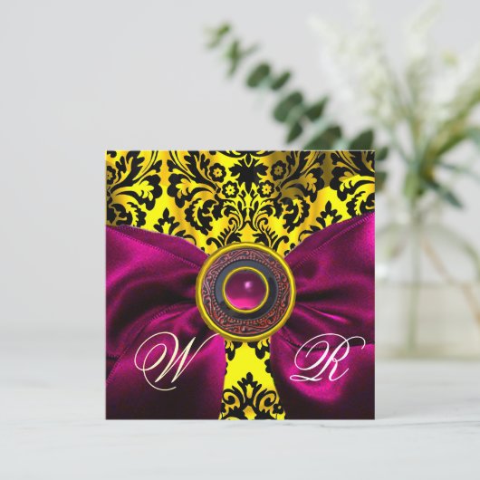 FUCHSIA RIBBON GOLD YELLOW BLACK DAMASK MONOGRAM KAART (Staand voorkant)