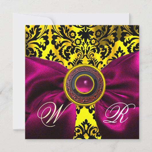 FUCHSIA RIBBON GOLD YELLOW BLACK DAMASK MONOGRAM KAART (Voorkant)