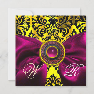 FUCHSIA RIBBON GOLD YELLOW BLACK DAMASK MONOGRAM KAART