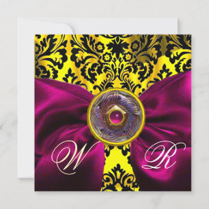 FUCHSIA RIBBON GOLD YELLOW BLACK DAMASK MONOGRAM KAART