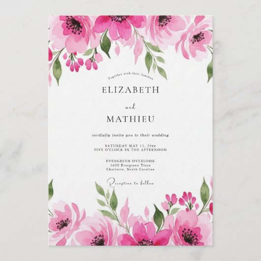 Fuchsia Romantische Bloeiende Bruiloft Kaart (Voorkant)