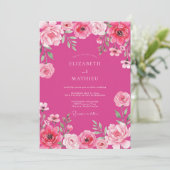 Fuchsia Romantische Bloemige Bruiloft Kaart (Staand voorkant)