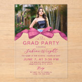 Fuchsia Roos Bow Foto Afstudeerfeest Acryl Uitnodigingen (Voorkant)