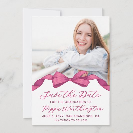 Fuchsia Roos Bow Foto Afstuderen Save the Date (Voorkant)