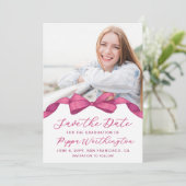 Fuchsia Roos Bow Foto Afstuderen Save the Date (Staand voorkant)