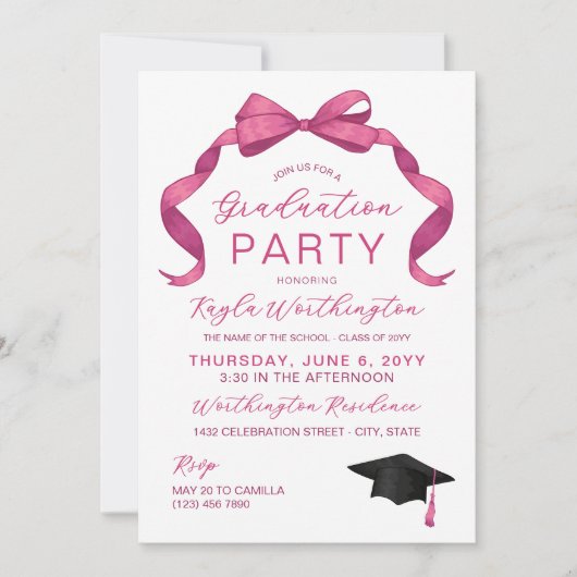 Fuchsia Roos Roze Bow Geen Foto Afstuderen Kaart (Voorkant)