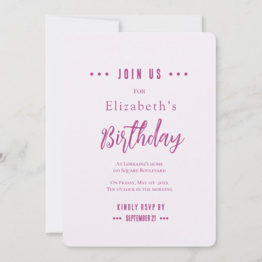 Fuchsia Roos Verjaardagsfeest Uitnodiging (Achterkant)