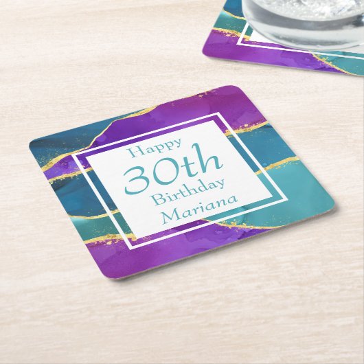 Fuchsia Roze Blauwgroen Goud Verjaardagsfeest Kartonnen Onderzetters (Schuin)