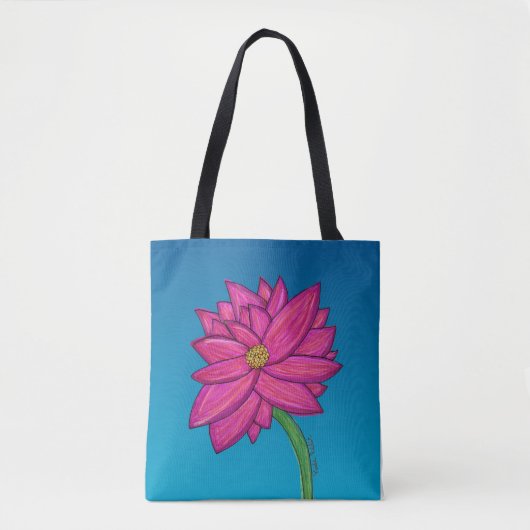 Fuchsia Roze Bloem met blauwe achtergrond Tote Bag (Voorkant)
