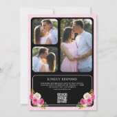 Fuchsia Roze Bloem QR Code Zwarte Kuif Bruiloft Kaart (Achterkant)