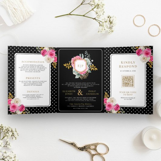 Fuchsia Roze Bloemen Alles in Een Crest Zwarte Huw Drieluik Uitnodiging