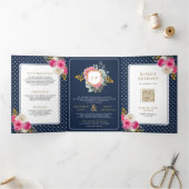 Fuchsia Roze Bloemen Alles in Een Kreeft Marine Hu Drieluik Uitnodiging (Binnen)