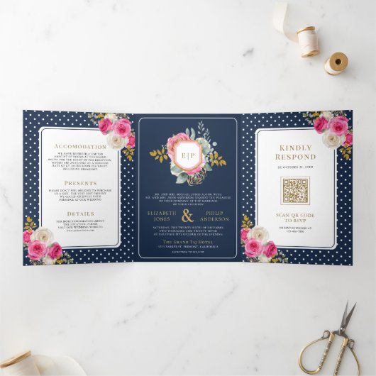 Fuchsia Roze Bloemen Alles in Een Kreeft Marine Hu Drieluik Uitnodiging (Binnen)