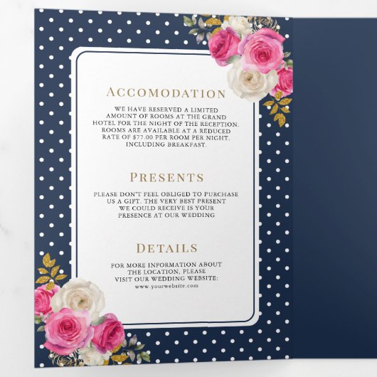 Fuchsia Roze Bloemen Alles in Een Kreeft Marine Hu Drieluik Uitnodiging (Binnenzijde eerst)