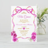 Fuchsia Roze Bloemen Boog Lint Goud Mis Quince Kaart (Staand voorkant)