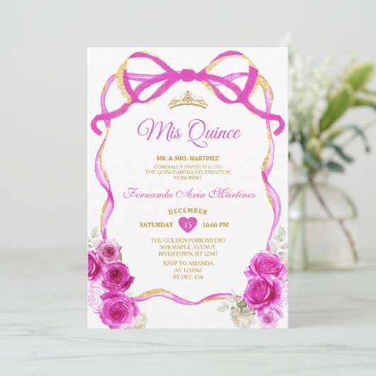 Fuchsia Roze Bloemen Boog Lint Goud Mis Quince Kaart (Staand voorkant)