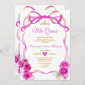 Fuchsia Roze Bloemen Boog Lint Goud Mis Quince Kaart (Voorkant / Achterkant)