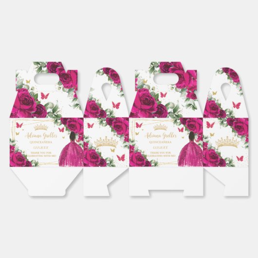 Fuchsia Roze Bloemen Bruin Meisje Sweet Quinceañer Bedankdoosjes (Ongevouwen)