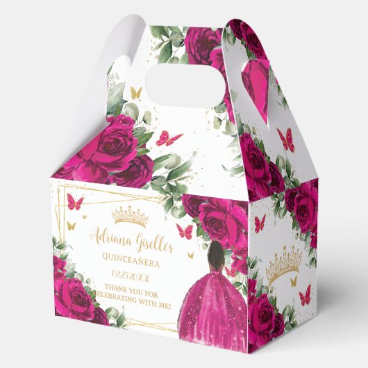 Fuchsia Roze Bloemen Bruin Meisje Sweet Quinceañer Bedankdoosjes (Achterkant)