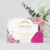 Fuchsia Roze Bloemen Goud Princess Gown Quinceaner RSVP Kaartje (Staand voorkant)