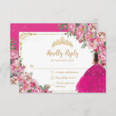 Fuchsia Roze Bloemen Goud Princess Gown Quinceaner RSVP Kaartje (Voorkant / Achterkant)