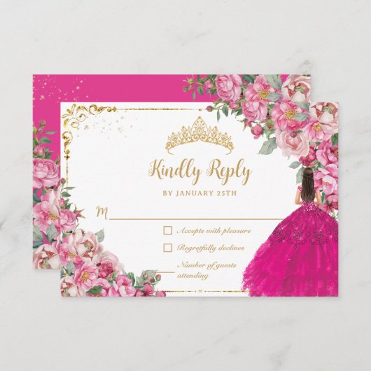 Fuchsia Roze Bloemen Goud Princess Gown Quinceaner RSVP Kaartje (Voorkant / Achterkant)