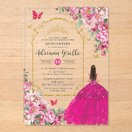 Fuchsia Roze Bloemen Goud Quinceañera Sweet 16 XV Acryl Uitnodigingen