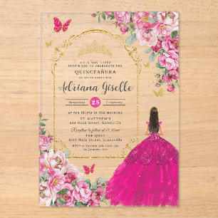 Fuchsia Roze Bloemen Goud Quinceañera Sweet 16 XV Acryl Uitnodigingen