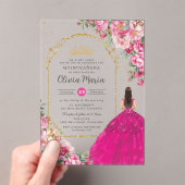 Fuchsia Roze Bloemen Goud Quinceañera Sweet 16 XV Acryl Uitnodigingen (Insitu (Draagbaar))