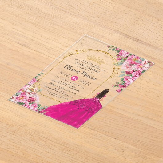 Fuchsia Roze Bloemen Goud Quinceañera Sweet 16 XV Acryl Uitnodigingen (Laagn)
