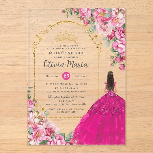 Fuchsia Roze Bloemen Goud Quinceañera Sweet 16 XV Acryl Uitnodigingen (Voorkant)