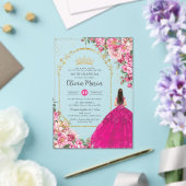 Fuchsia Roze Bloemen Goud Quinceañera Sweet 16 XV Acryl Uitnodigingen (Insitu (Huwelijk))