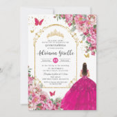 Fuchsia Roze Bloemen Goud Quinceañera Sweet 16 XV Kaart (Voorkant)