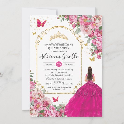 Fuchsia Roze Bloemen Goud Quinceañera Sweet 16 XV Kaart (Voorkant)