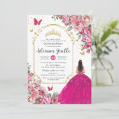 Fuchsia Roze Bloemen Goud Quinceañera Sweet 16 XV Kaart (Staand voorkant)